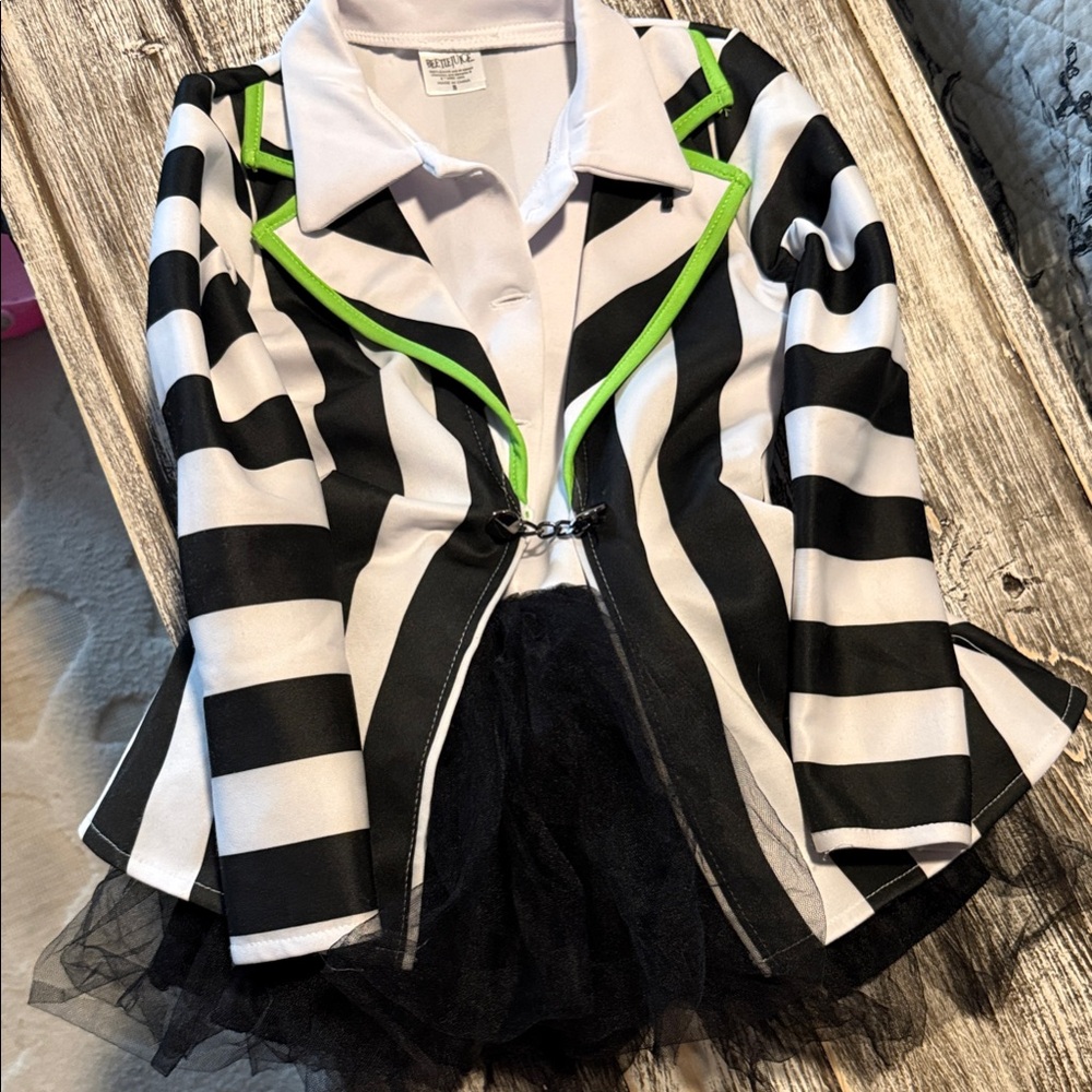 Striped Black and White Blazer with Green Accents